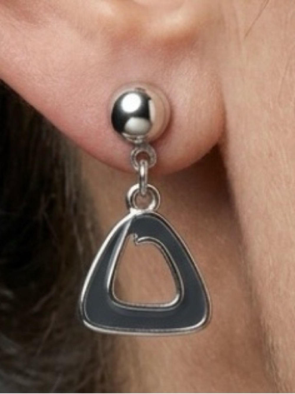 Silver Tone Triangle Dangle Earrings Black Inlay Geometric Earrings
